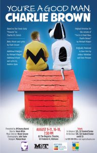 2018 You’re a good man Charlie Brown Poster for the musical You’re a Good Man, Charlie Brown. Two people sit with their backs to the viewer on top of Snoopy’s red doghouse against a blue background, dressed as Charlie Brown (yellow shirt with black zigzag) and Snoopy (white shirt with black oval and a dog headpiece with a tail). Show dates are August 9 to 11 and 16 to 18 at 7:30 PM at The Registry Theatre, 122 Frederick St., Kitchener. Ticket prices and JM Drama Alumni credits appear along the bottom.