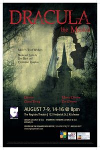 2014 Dracula Poster for “DRACULA the Musical” with a dark, misty green background of bare tree branches. A large silhouette of a couple about to kiss contains the image of a gothic church spire. Text credits music by Frank Wildhorn and book and lyrics by Don Black and Christopher Hampton. Performances are August 7 to 9 and 14 to 16 at 8 pm at The Registry Theatre, 122 Frederick St., Kitchener, with director and musical director names and ticket information along the bottom.