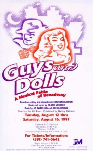 1997 Guys and Dolls promotional poster with white background. Large purple stylized illustration at top shows line-drawn faces of a man and woman in 1950s style. Title "GUYS and DOLLS" in bold purple and orange gradient letters below illustration. Subtitle "Frank Loesser's Musical Fable of Broadway" in script font. Production credits indicate "Based on a story and characters by DAMON RUNYON, Book by JO SWERLING and ABE BURROWS." Performance dates: "Friday, August 8 and Thursday, August 14, Tuesday, August 12 thru Saturday, August 16, 1997." Venue "KINSEY PAVILION, VICTORIA PARK" with curtain time "8:00 PM." Ticket information "For Tickets/Reservations: 578-7570 Ext.2388" and prices listed. JM Drama Alumni logo at bottom. Playful, retro design evoking the golden age of Broadway with bold graphic style.