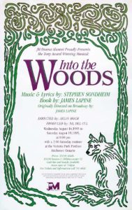 1995 Into the Woods promotional poster with cream background elaborately decorated with green illustrated vines, swirls, and botanical elements creating ornate border around all edges. Large purple title "Into the Woods" in bold serif font at center. Credits include "Music and lyrics by STEPHEN SONDHEIM, Book by JAMES LAPINE." Director information and performance details listed in smaller text. Dates shown as "Aug. 3, 4, 5 at 7:30; Aug. 10, 11, 12 at 7:30." Additional show information "Aug. 6 @ 2:00; Benefit show Aug. 2 @ 7:30; Aug. 13 Matinee show @ 2:00." Ticket pricing and contact information at bottom with JM Drama Alumni logo. Intricate fairy tale forest motif with intertwining organic patterns suggesting enchanted woods and classic storybook illustrations. Rich decorative style matching the show's fairy tale mash-up narrative.
