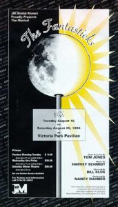 1994 The Fantastiks promotional poster with dramatic black and white split design. Left half features large full moon against black night sky. Right half shows bright yellow/gold stylized sun with radiating points against white background. Title "The Fantastiks" in elegant script typography curved across the center, bridging day and night imagery. Header text "JM Drama Alumni Presents The Longest Running Musical in the World." Credits show "Book and lyrics by Tom Jones, Music by Harvey Schmidt." Performance dates: "Thursday, January 13, Friday, January 14, Saturday, January 15, 1994, Curtain 8:00 p.m." Venue "KINSEY'S MCCOLMAN PARK PAVILION" with additional show information. Ticket pricing details and contact phone numbers listed. Bottom shows JM Drama Alumni logo and sponsor information "KINSEY-BURNBRAE BLOOMINGDALE" and "NANCY'S MCCOLMAN PARK." Poetic visual metaphor of moon and sun representing the show's themes of romance, dreams, and the cycle of young love. Striking contrast creates memorable theatrical image emphasizing the musical's timeless, magical quality.
